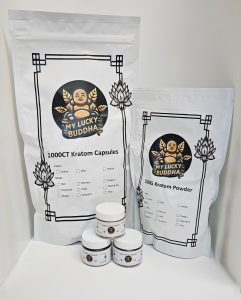 My Lucky Buddha Brand Kratom Capsules and Extract in sealed packaging 