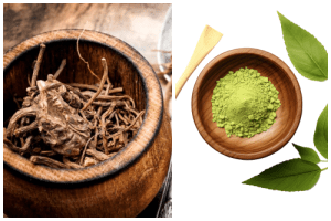 Kava root in a bowl next to a bowl of kratom powder.