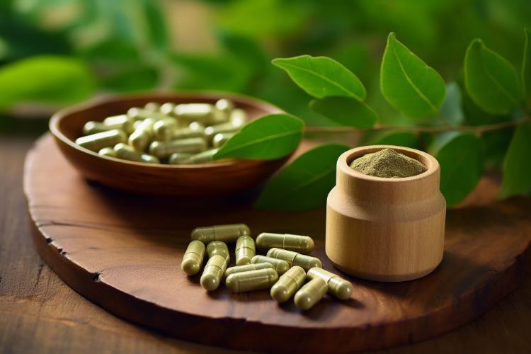 carved out wooden platter with capsules and powder