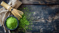 kratom on wooden table with bright green powder spread out