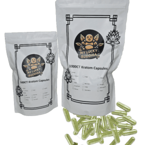 Red Kratom Capsules 1000 and 500 count bag with capsules spread around bags