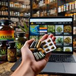 Where to buy Kratom in a google search on a laptop. A man holding several kratom products as he searches "Where to buy kratom"