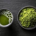 Kratom tea and kratom powder side by side on a table