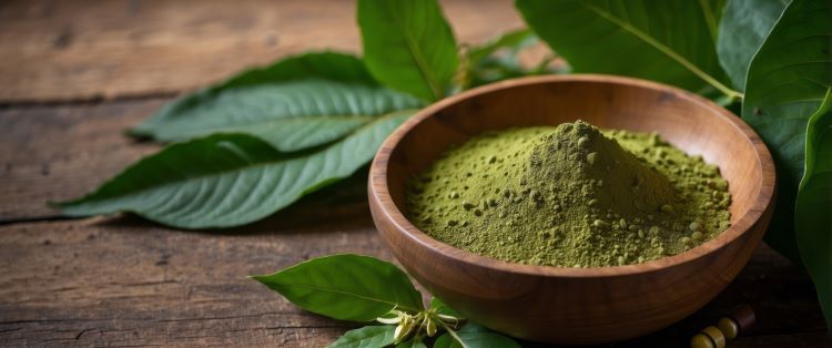 Dark red and green kratom in bowl surrounded by leaves